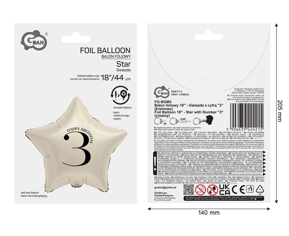 Balon foliowy 18" Gwiazda z cyfrą 3 kremowy FG-BGM3 GoDan